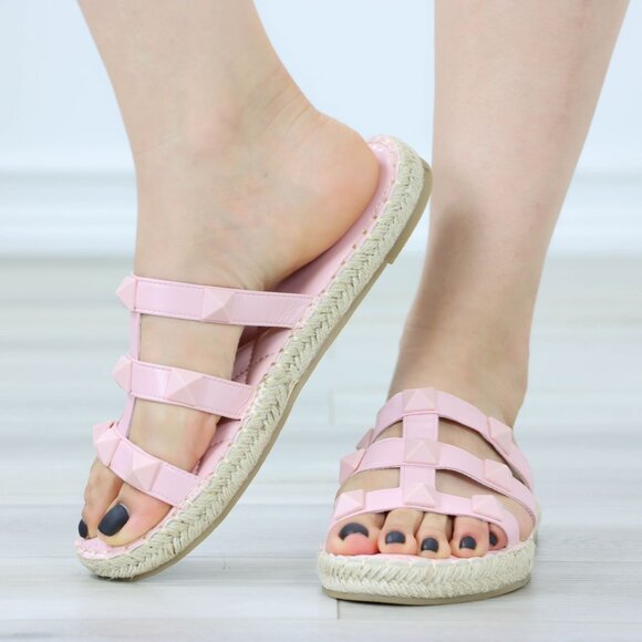 Light Pink Studded Espadrille Sandals Strappy Gladiator Style Casual Shoe - Picture 14 of 15